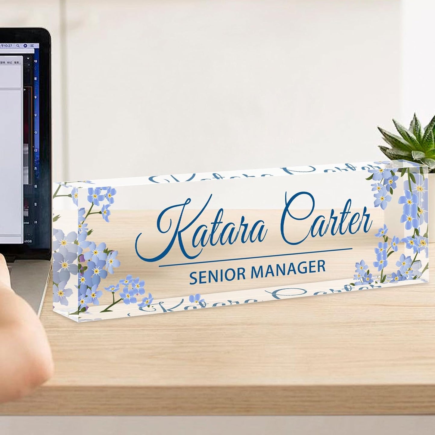Name Plate for Desk Personalized, Acrylic Desk Decorations, Employee Appreciation Gifts, Custom Office Gifts for Coworkers, Boss, Teacher, Nurse (Blue Bouquet)