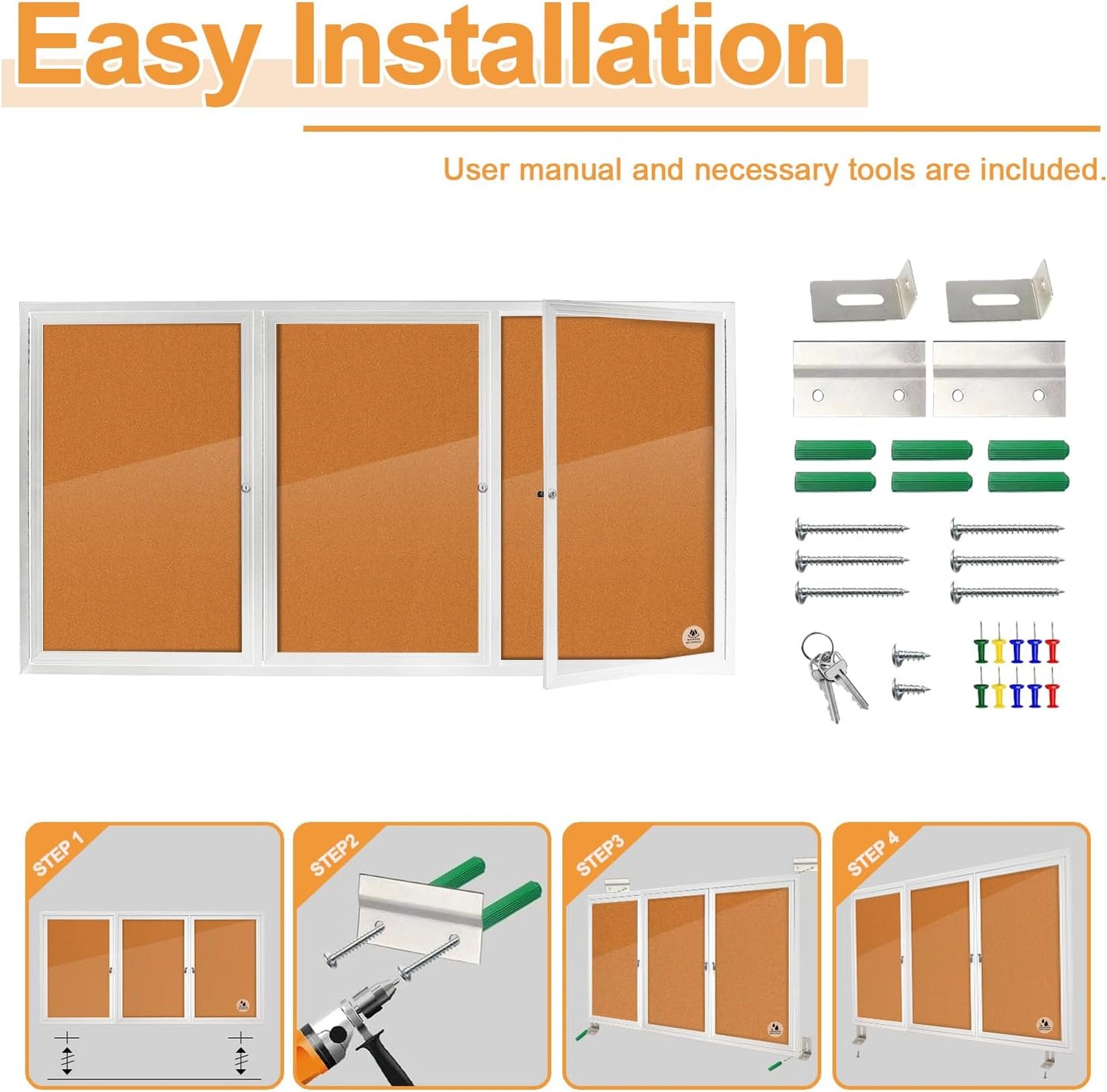 Lockable Outdoor Enclosed Bulletin Board, Weatherproof Cork Noticeboard with Locking Door, Wall-Mounted Aluminum Silver Framed Display Case for Messages,70x36 Inch