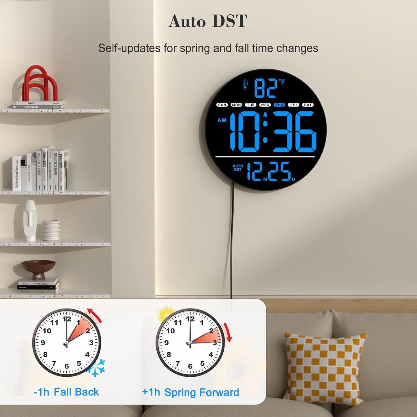 WallarGe Large Digital Wall Clock with LED Display, Electric Wall Clock with Temperature, Auto DST, Date, and Day, 5-Level Brightness for Office, Bedroom, Living Room, Classroom Décor