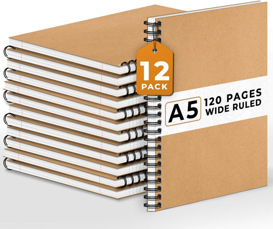 12 Pack Spiral Wide Ruled Journal Notebook, 5.8 x 8.3, 120 Pages (60 Sheets), 100 GSM, A5 Executive Kraft Hardcover Notebooks, Perfect for Work, Office, School, Travel, Business, Note Taking