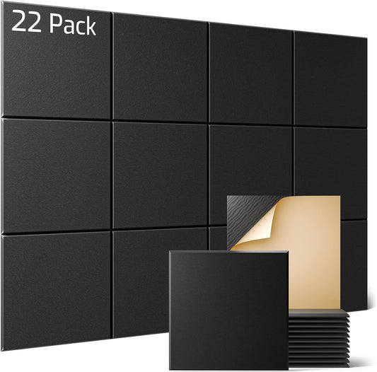 Sonicism 22 Pack Acoustic Wall Panels with Self-Adhesive, 12" X 12" X 0.4" Sound Proof Foam Panels, Decorative Soundproof Wall Panels, Sound Proof Absorbing Tiles for Home & Offices, Black
