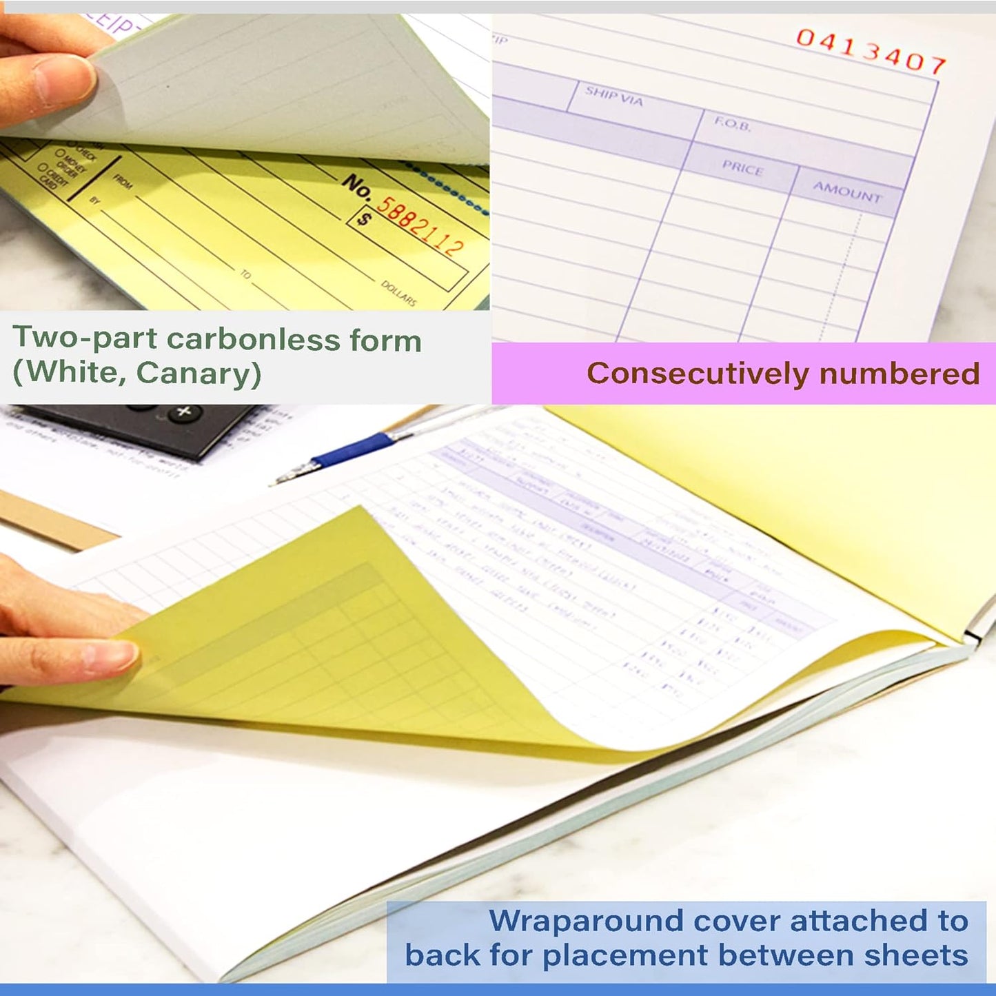 BAZIC All Purpose Order Book, 50 Sets 8 3/8" x 10 11/16" 2-Part Carbonless, White & Bound Wraparound Cover (50 Sets/Pk), 12-Packs