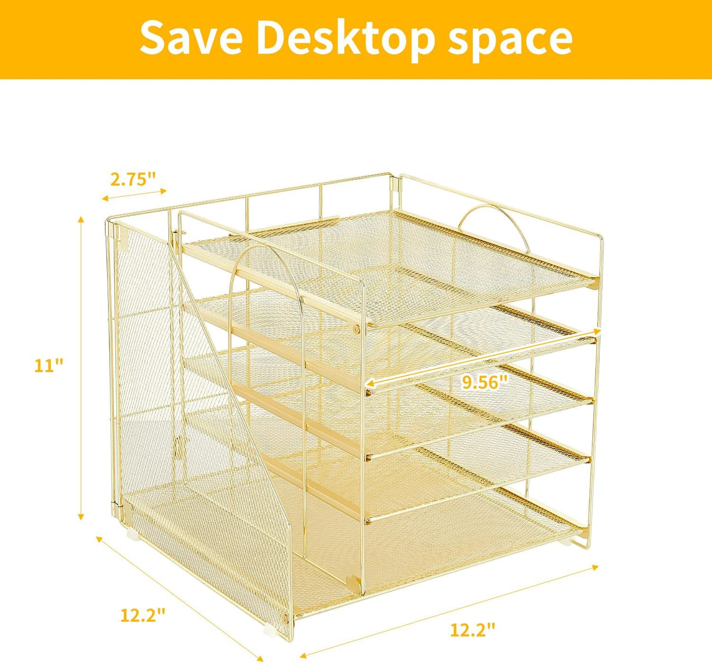 Desk Organizers and Accessories, 5-Tier Paper Letter Tray Organizer with File Holder, Desktop Organizer for Office Supplies, Office Desk Accessories & Workspace (Gold)