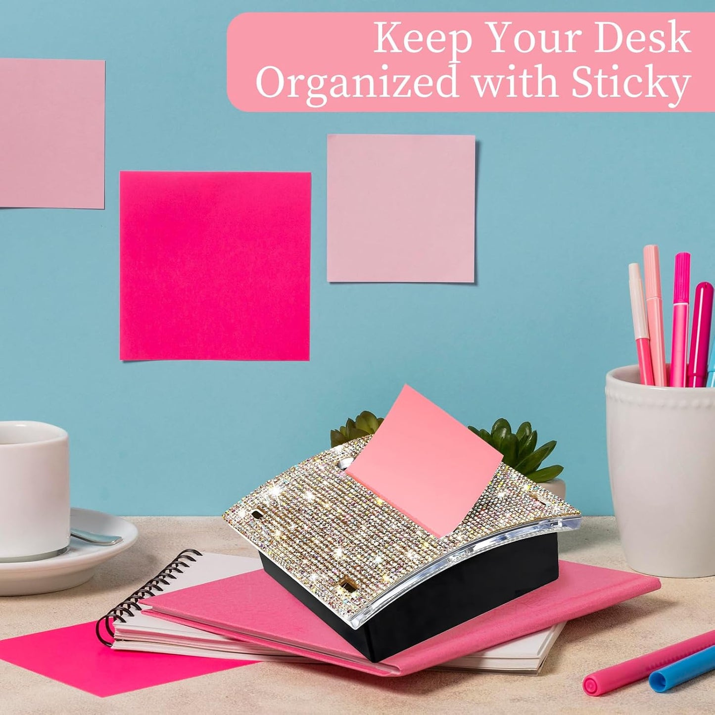 Rhinestone Self Sticky Note Holder Post it Note Dispenser Pop-Up Sticky Notes Dispenser 4 x 4 Inches Post it Dispenser for Desk (Rose Gold)