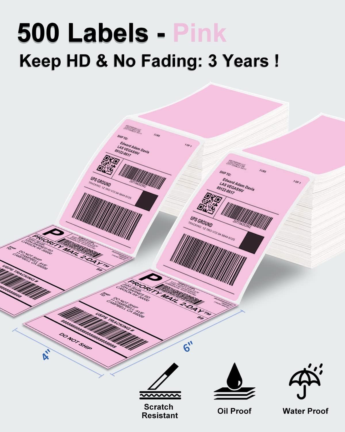 Phomemo 4x6 Thermal Label Printer Paper - 100 PCS Pink 4"x6" Fan-Fold Shipping Supplies Labels - Water/Oilproof Mailing Label - Permanent Adhesive Thermal Shipping Labels for Ship Packages