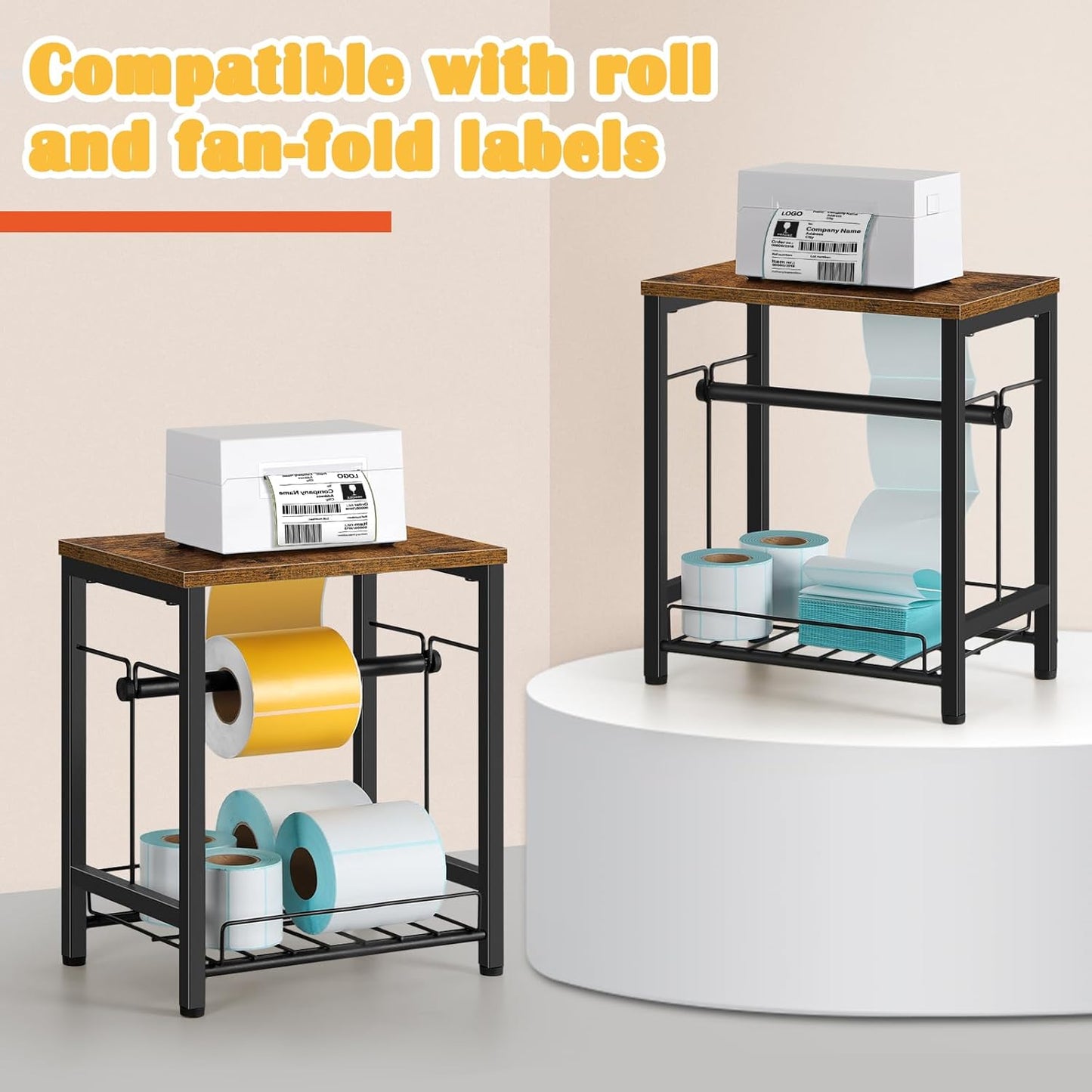 Label Holder Thermal Shipping Label Holder for Rolls & Fan-Fold, Sticker Roll Holder with Basket Desktop Label Roll Dispenser Accessory for Home, Office, Small Business, Rustic Brown