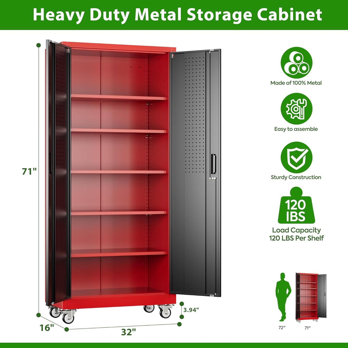 Aobabo Upgraded Garage Storage Cabinets with Wheels,Metal Storage Cabinets with 5 Adjustable Shelves for Garage Home Office Storage, Red-Black,71''H*32''W*16''D,Assembly Required