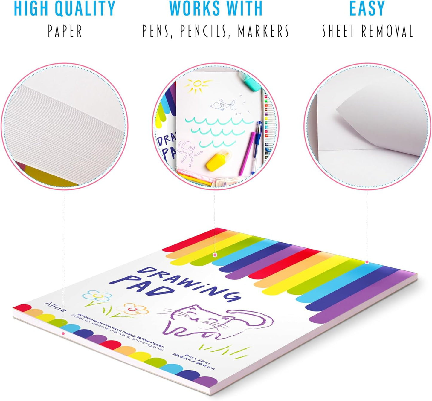 Alitte Drawing Pad for Kids - 3-Pack (9x12) Drawing Paper with Easy-Tear Pages - 50 Sheets - Kids Art Supplies | Sketch Pad for Drawing & Coloring - Suitable for Children and Toddlers