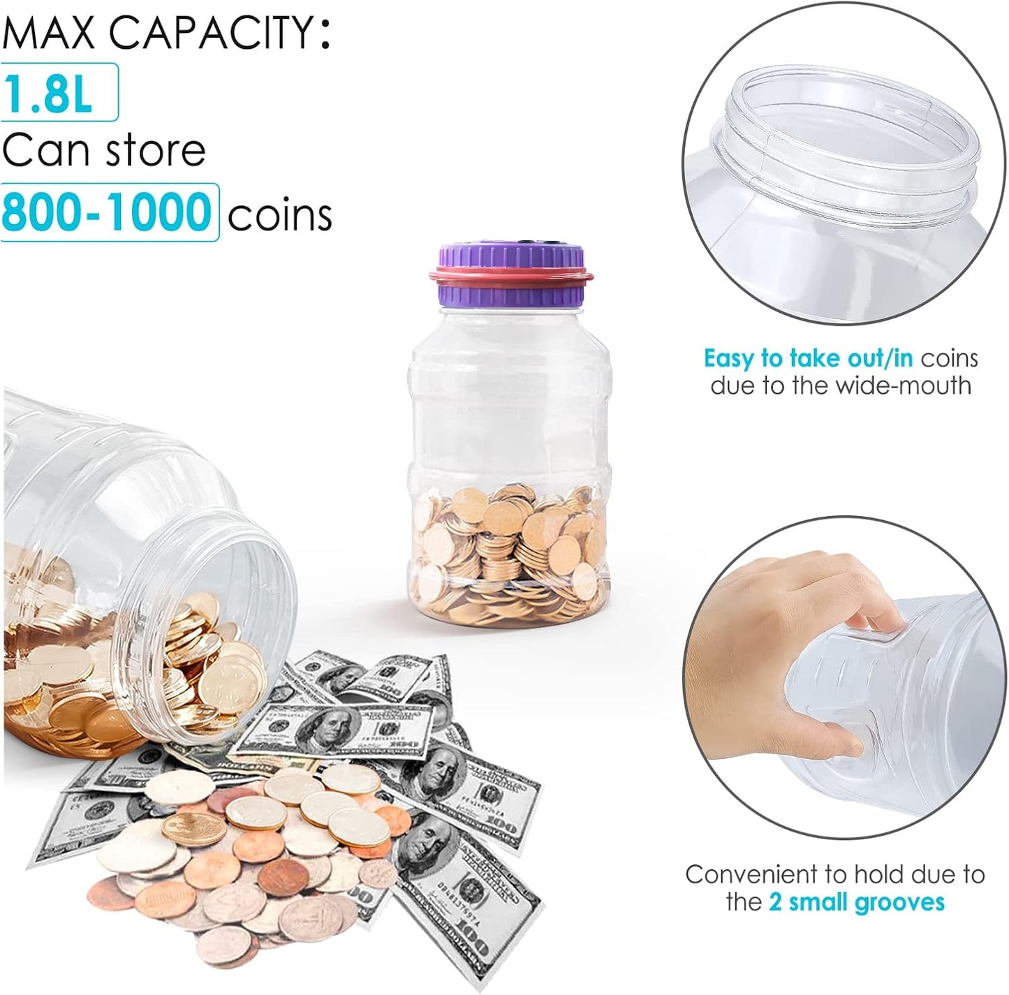 Large Piggy Bank for Adults Kids, Vcertcpl Digital Coin Counting Bank with LCD Counter, 1.8L Capacity Coin Bank Money Jar for Adults, Designed for All US Coins (Purple)