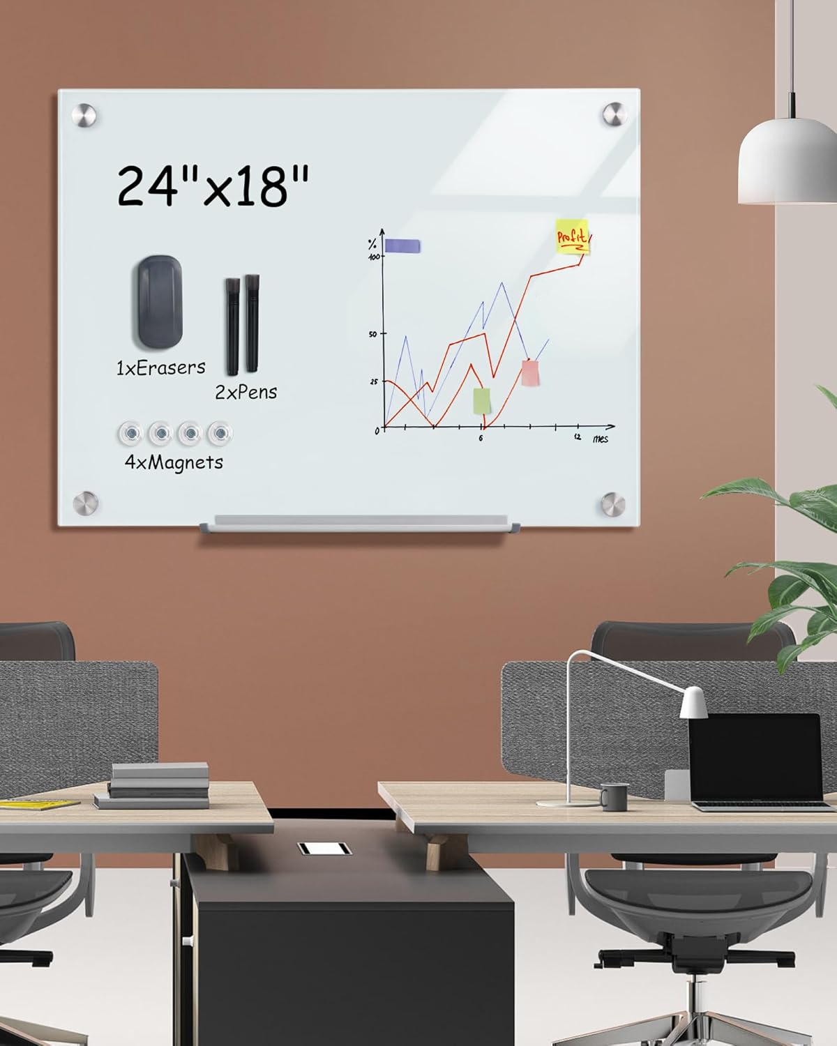 Magnetic Glass Whiteboard，24"x18" Wall Mounted Frameless Dry Erase Board for Office, Home & School White