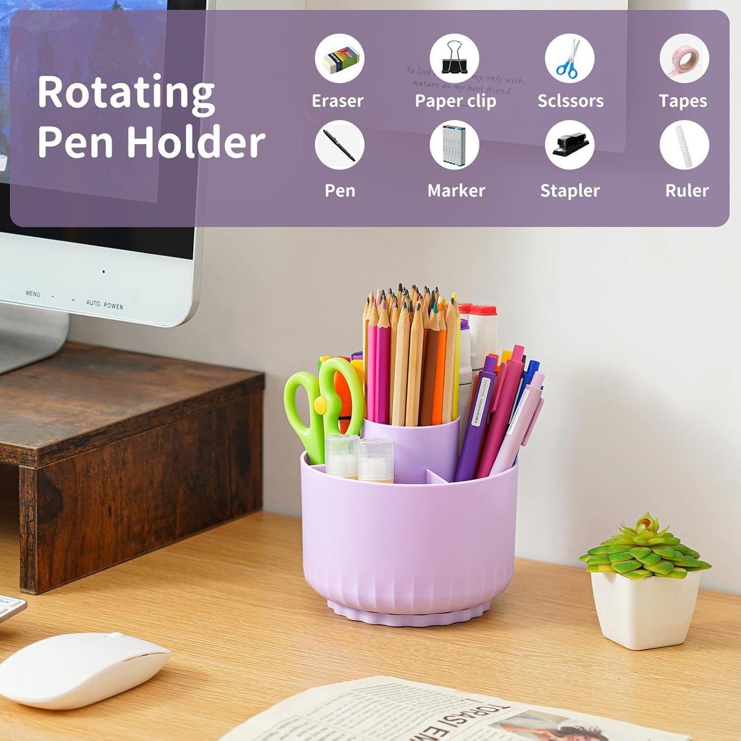 Marbrasse Desk Organizer, 360-Degree Rotating Pen Pencil Holder, Desk Organizers and Accessories with 5 Compartments Pencil Holder, Art Supply Storage Box Caddy for Office, Home(Purple)