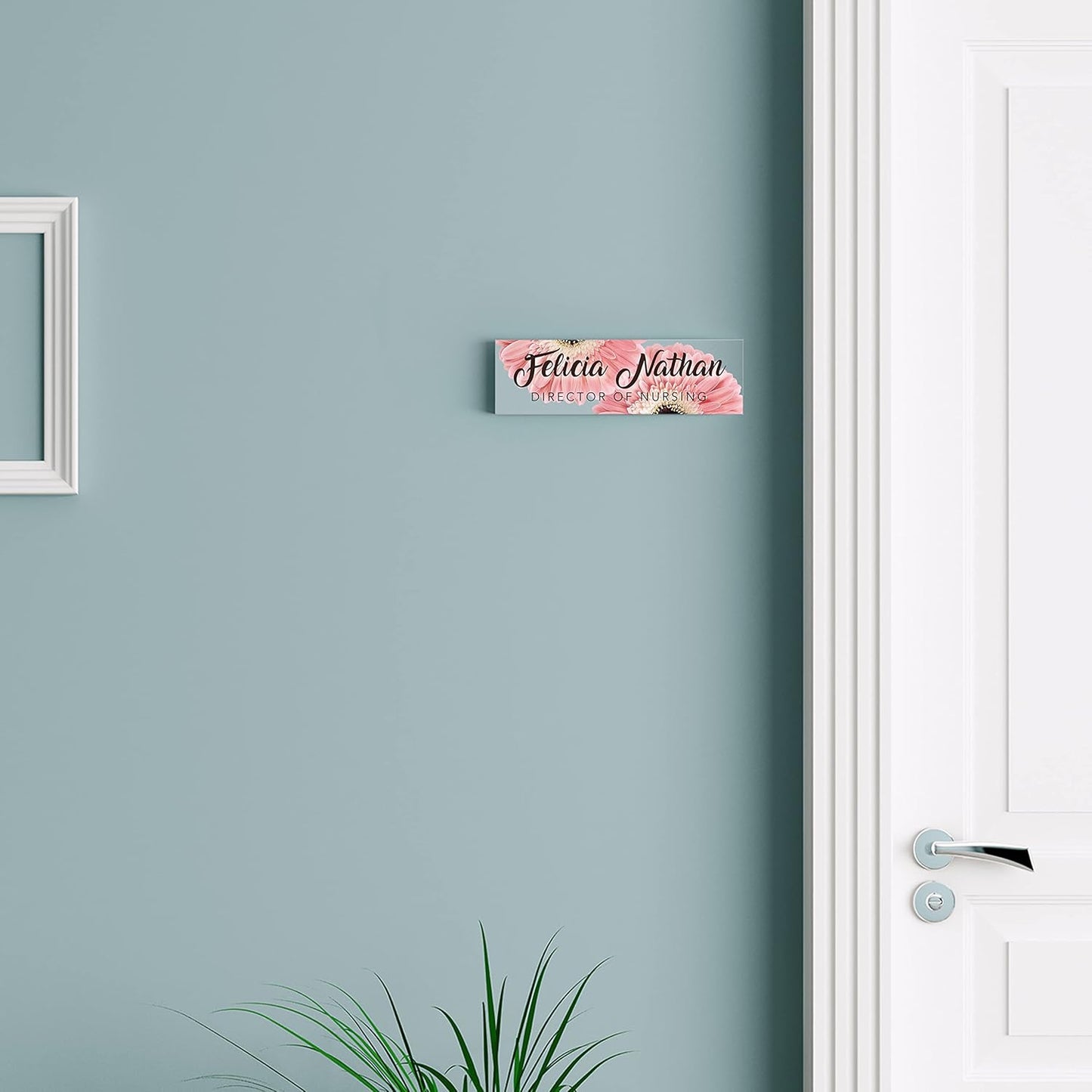 Artblox Personalized Office Desk Name Plate and Business Card Holder | Clear Acrylic Glass with Teak Wood Stand | Pink Daises Design Customized with Your Name and Credentials Office Desk Decor