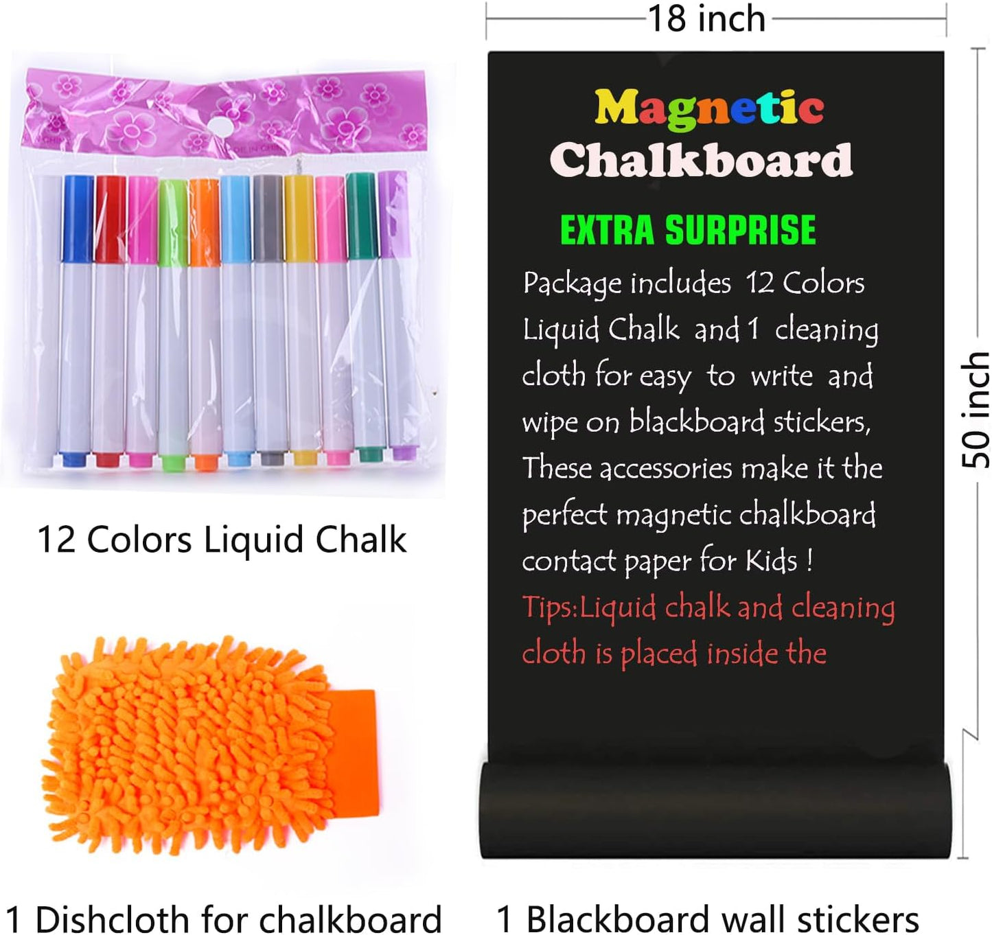 Magnetic Chalkboard Contact Paper 50"x18" Self Adhesive Magnet Wall Board Sticker with 12 Color Liquid Chalk for Kid, Black Chalk Board Wallpaper Roll Alternative to Magnetic Blackboard Paint
