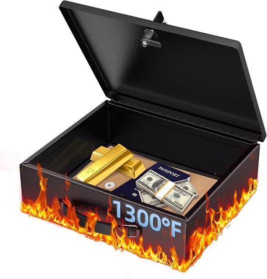 Uniclife Fireproof Document Box with Key Lock & Handle, 13" x 10.9" x 4.1", Large Lock Box for A4 Paper, Water-Resistant Safe Box for Valuables, Passports & Cash, Portable Security Metal Chest