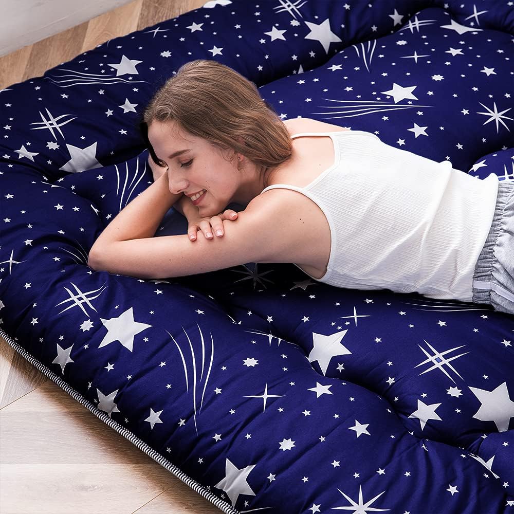 Navy Starry Sky Japanese Floor Futon Mattress, Tatami Mat Portable Camping Mattress Kids Sleeping Pad Foldable Roll Up Floor Lounger Couch Bed, King Size