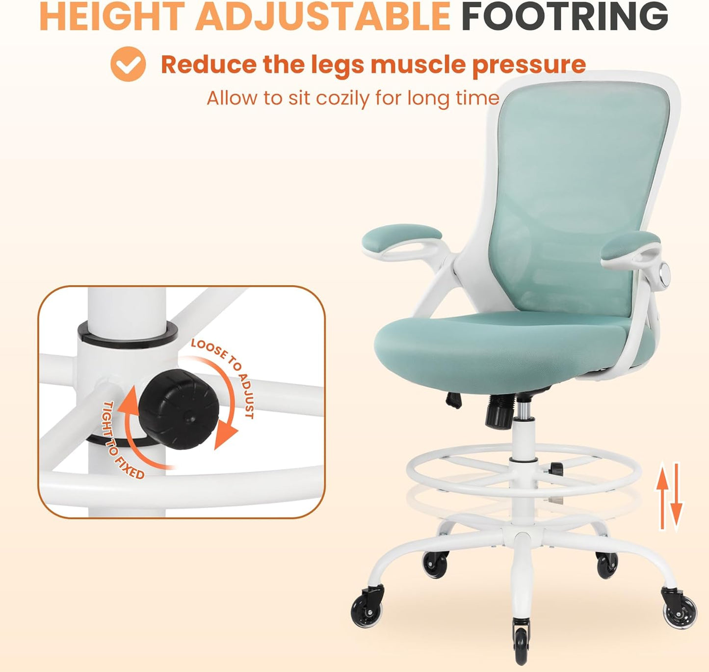 HYLONE Drafting Chair Tall Office, Ergonomic Standing Desk Stool Adjustable Drafting Chair Big Tall Drafting Office Chair Blue