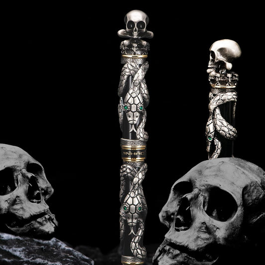 Jinhao Black Snake Fountain Pen Extra Fine Nib Retro Style with Skull Head Solid Metal and Paper Pen Case Set