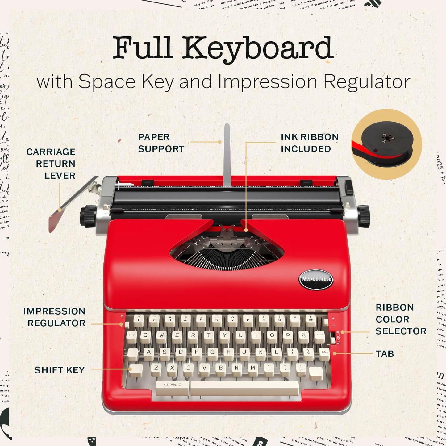 Maplefield Vintage Manual Typewriter Machine - Red Typewriter for Writers & Authors - Antique Desk Decor & Office Accessory - Compact Design & Easy Setup