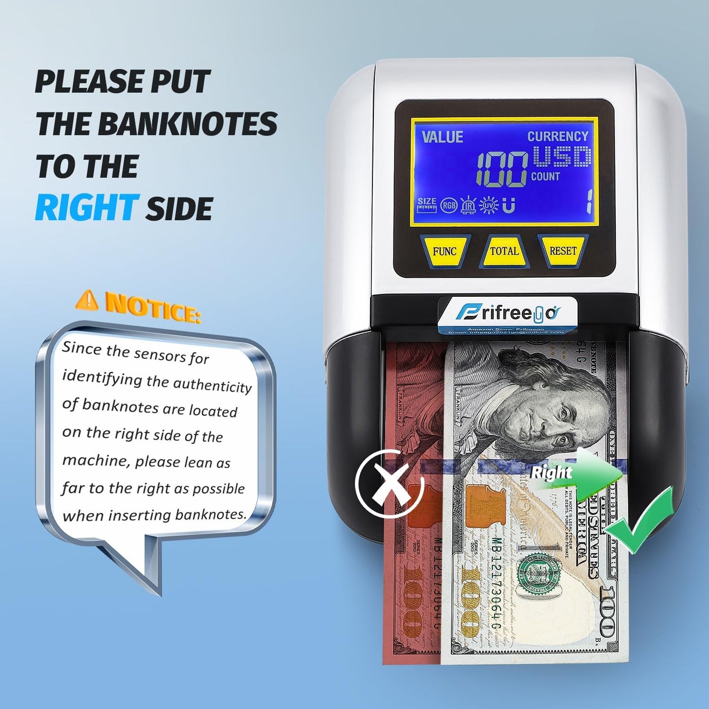 Portable Counterfeit Bill Detector, Rechargeable Fake Bill Detector 4-Way Detection, for Multiple Currencies with Value Display, Commercial Grade Bill Detector Alertable