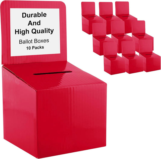 Raffle Ticket Donation Collection Ballot Box Reusable Sturdy thick Cardboard with Slot comment Suggestion Box With Removable Header 6H x 6W x 6D, Display area 6H x 6W(Red 10 pack)