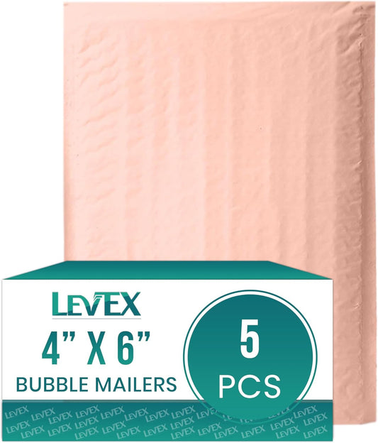 Levex - #0000 4" x 6" [5 Pack] Light Pink Poly Bubble Mailers, Padded Envelope Mailers, Packing Envelope & Mailing Bags for Shipping