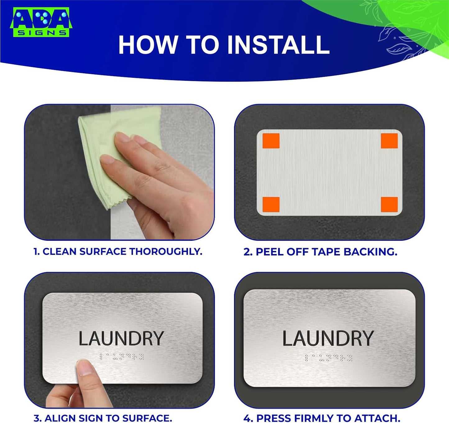 ADASigns Laundry Signs 7" W x 4" H - Durable Brushed Aluminum with Grade 2 Braille - Easy Installation with Strong Double Sided Tape - ADA Compliant Office Door Signs for Businesses & Offices