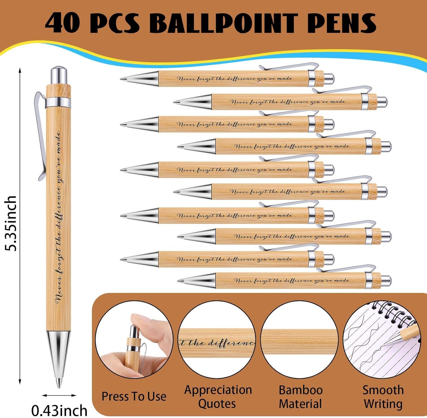 40 Sets Employee Appreciation Gifts Encouragement Inspirational Spiral Notebooks with Sticky Notes Notepads Thank You Bamboo Ballpoint Pens for Nurse Coworker Teacher (NEVER FORGET)