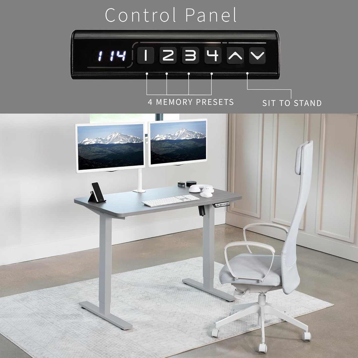 VIVO Electric 43 x 24 in Standing Desk, Memory Height Adjustment, 1B Series, One-Piece White Top, Gray Frame, DESK-KIT-1G4W