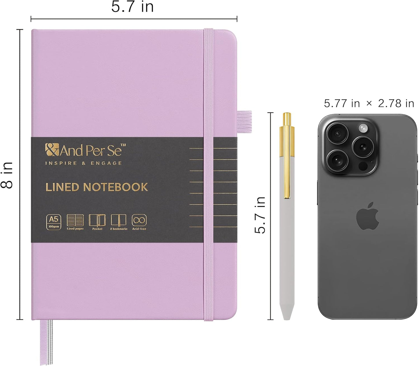 A5 Lined Leather Journal and Pen Set, Hardcover Notebook with Pen, 160 Pages 100gsm Thick Ruled Paper for Men Women, for Work, Business, School or Home Writing, 5.7'' x 8'' (Purple-Set1)