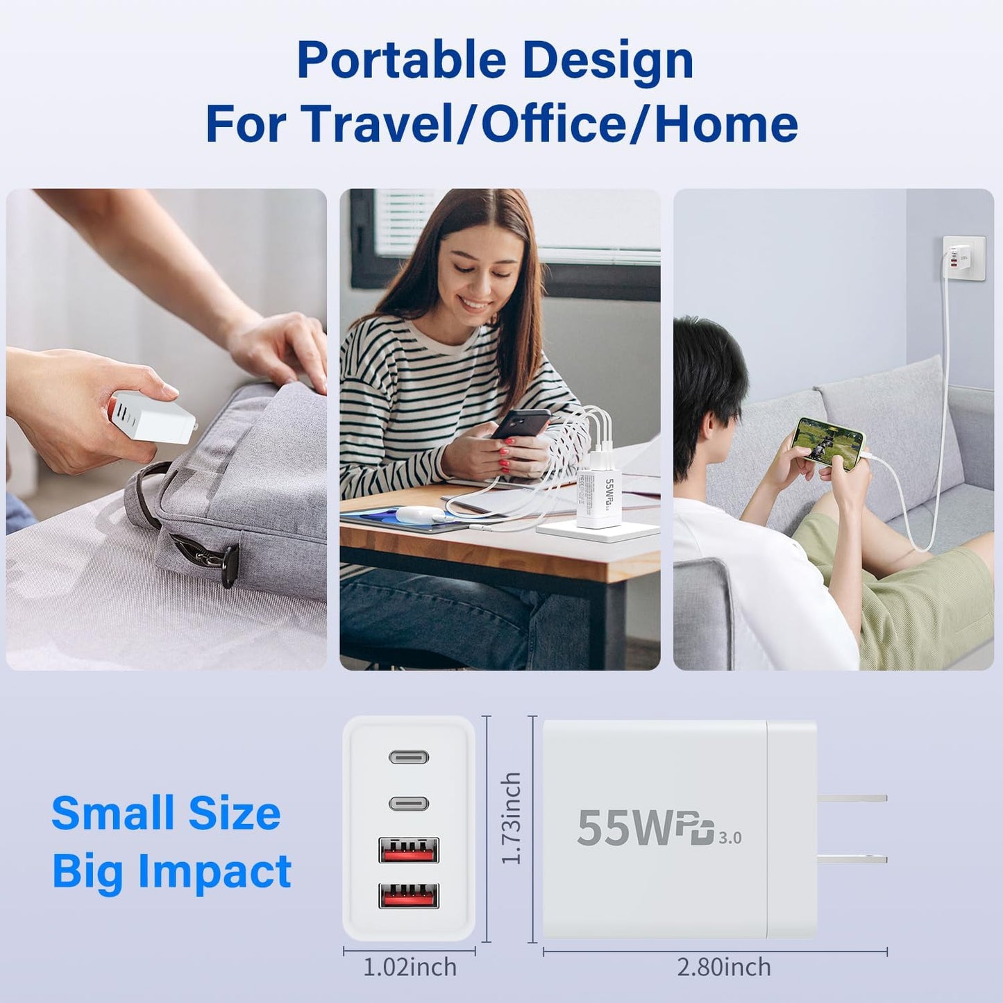 2 Pack USB C Charger Block, 55W 4-Port USB C Fast Wall Charger Dual Port QC + PD 3.0 Power Adapter, Multiport Type C Charging Brick with Lightning Cable for iPhone 16 15 14 13 12 11 Pro Max XS,Samsung