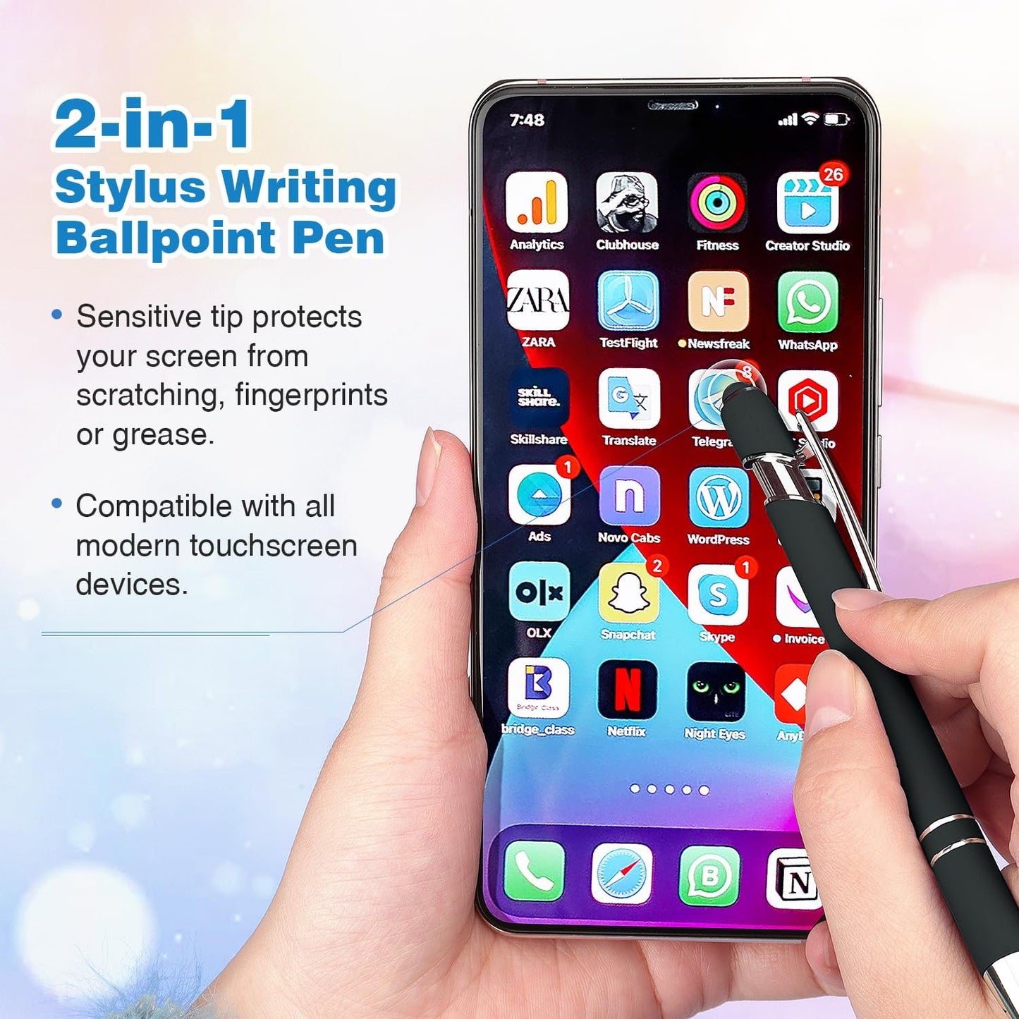 Bribobo 8 Pack Black Ballpoint Pen 2-in-1 Stylus - Retractable Metal Pen With Stylus Tip for Touch Screens, 1.0 mm Black Ink