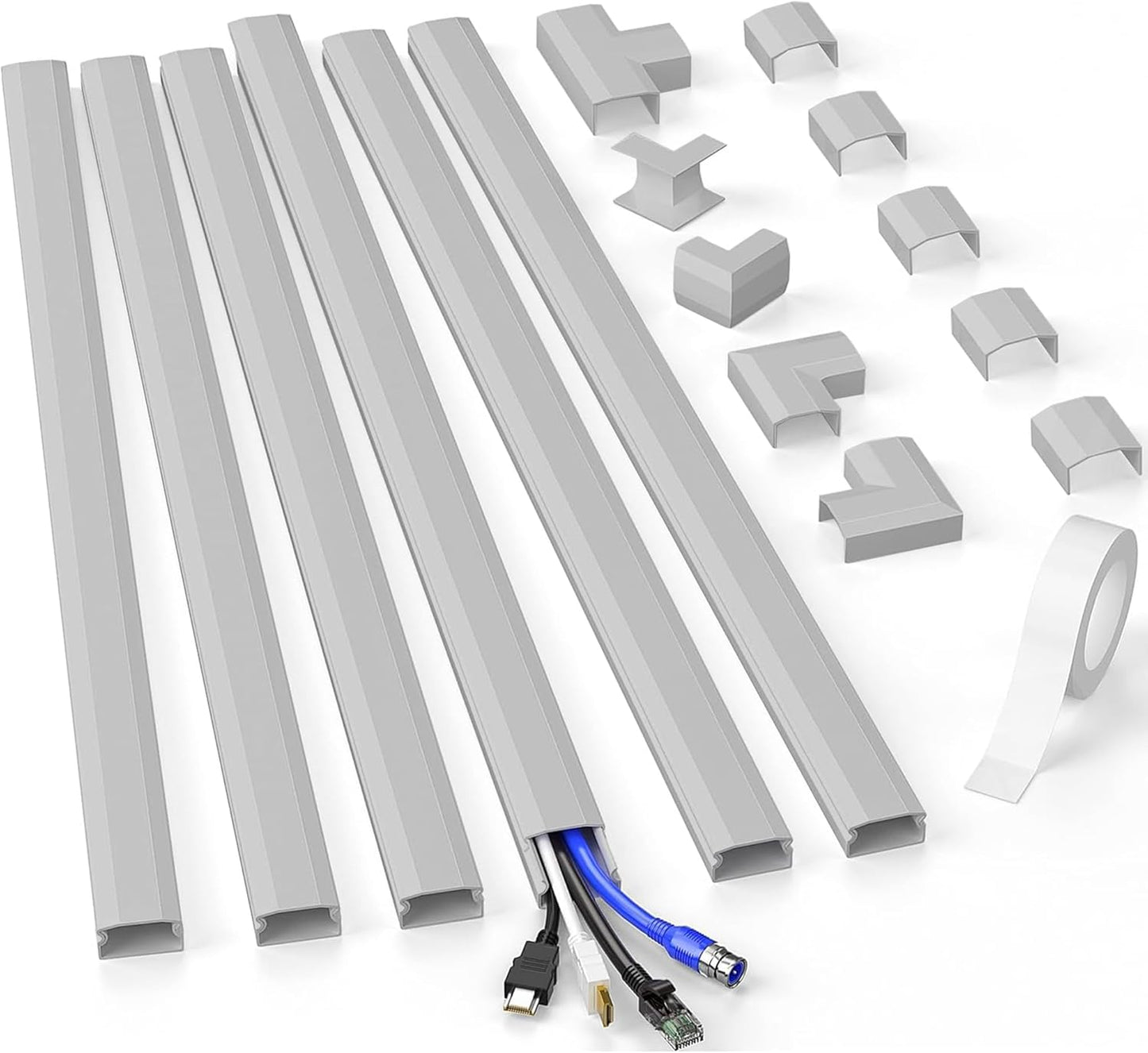 94.5in Cord Covers for Wires on Wall, Delamu Easy Set up Cord Hider, Large Wire Hider Wire Covers for 3-4 Cords on Wall, Grey Cable Hider Cable Raceway, Tv Cord Hider for Wall Mount, 6X W1.18 H0.67in