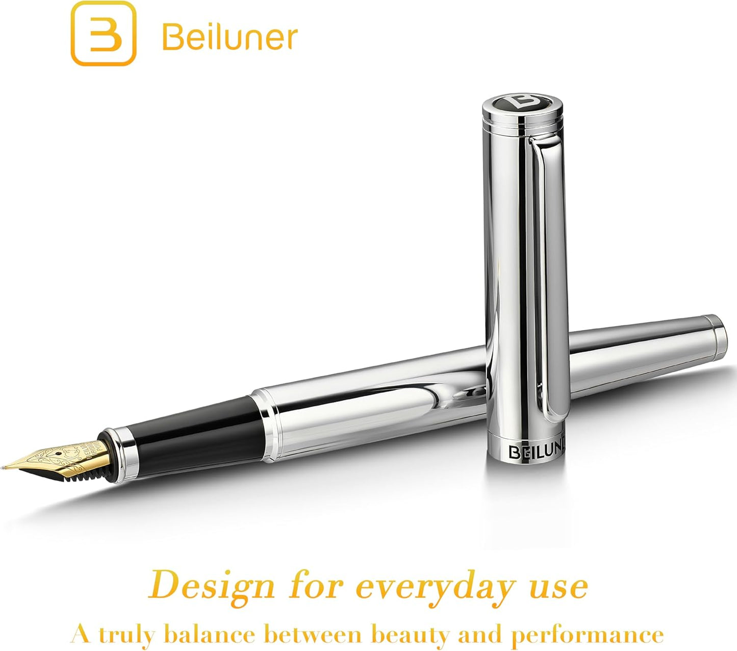 BEILUNER Silver Fountain Pen,Stunning Luxury Pens with Bright Silver Chrome, Gorgeous 24K Gilded Nib(Fine),Gift Pen Set for Men&Women -Ink Converter-Elegant, Professional, Nice Pen for Writing