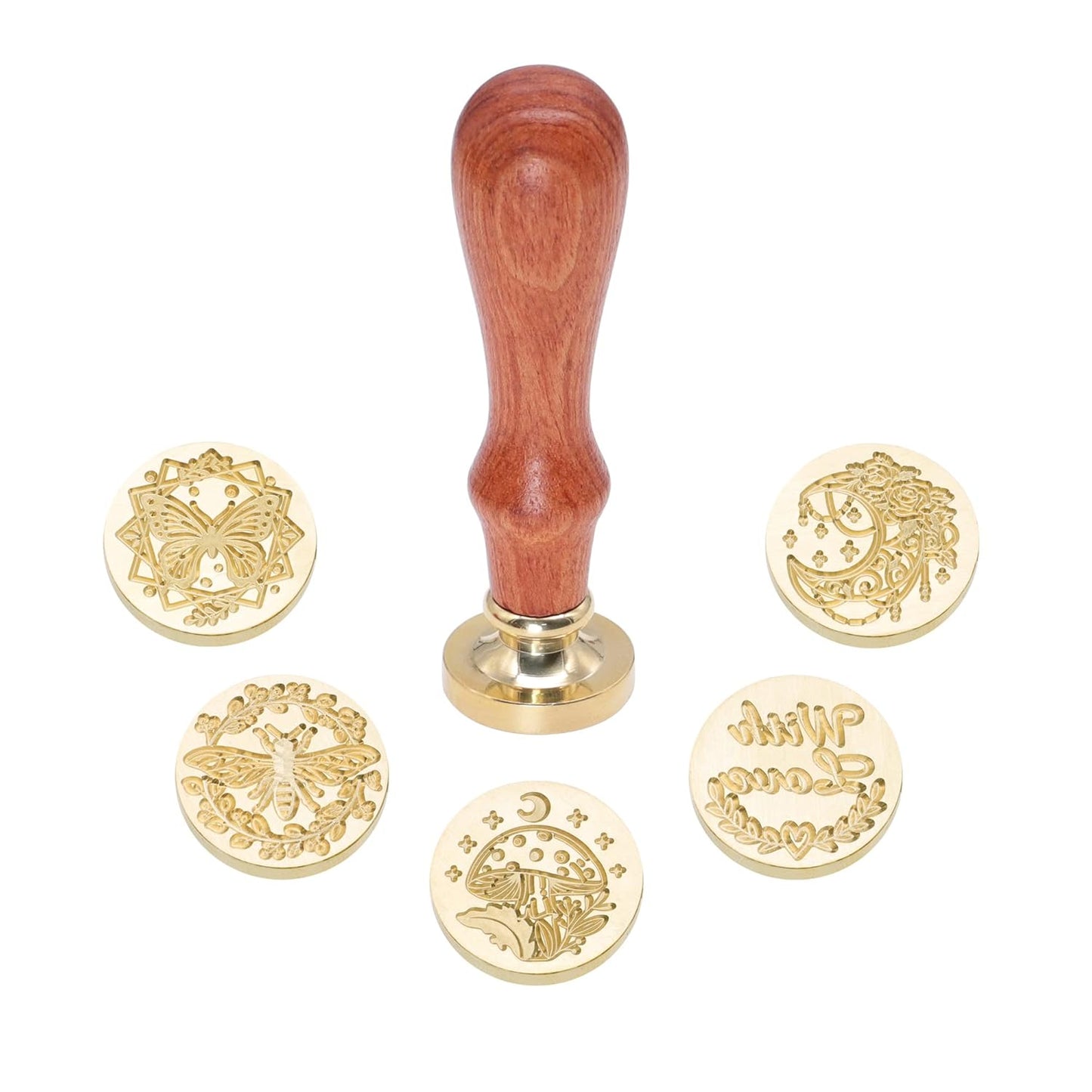 SWANGSA Wax Seal Stamp Set, Vintage 6 Pieces Sealing Wax Stamp Heads and 1 Wooden Handle for Wedding Party Invitations, Letters, Envelopes, Christmas (with Love Bee Monn Eucalyptus Set)