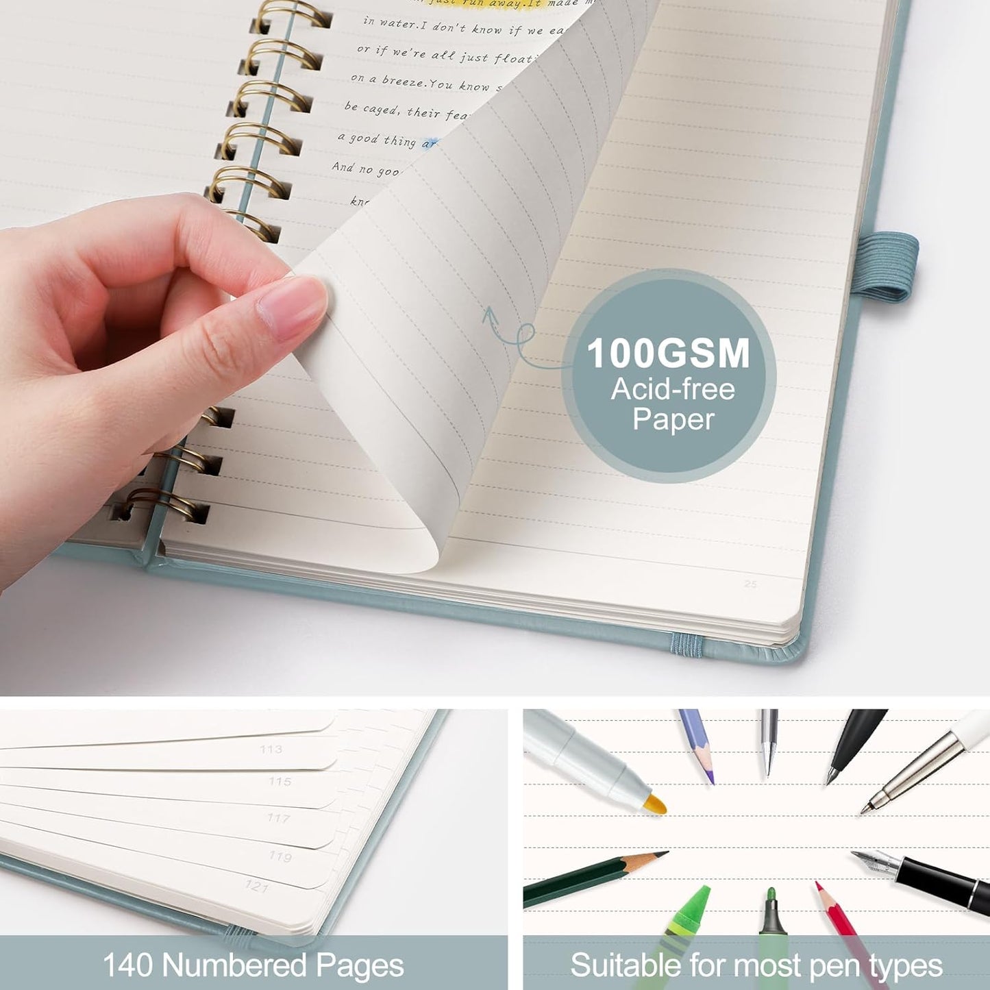 AHGXG Lined Spiral journaling notebooks With Numbered Pages, Hardcover Leather College Ruled Notebook 5.7" x 8.3" A5, light ivory Paper, Notebooks for School Work, Journals for Women,GrayBlue