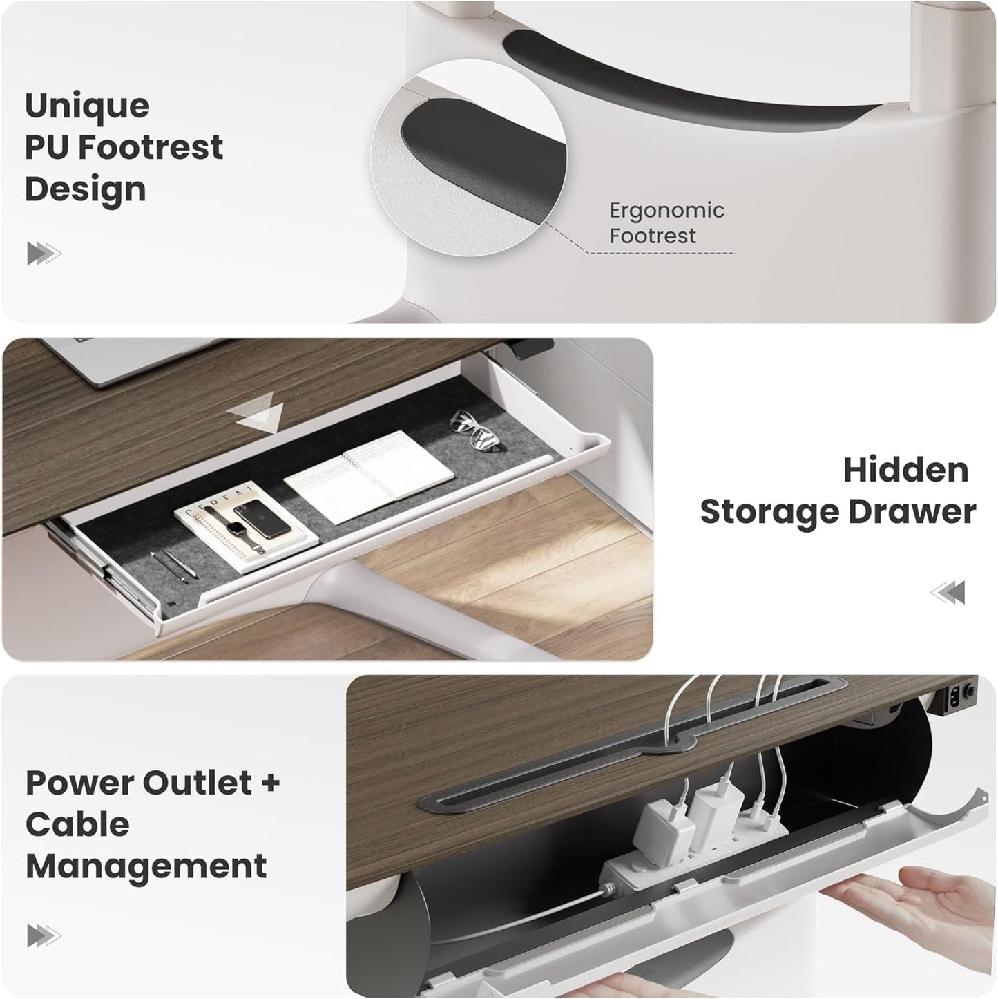 COLAMY Electric Adjustable Standing Desk – 48 x 28 Inch Sit Stand Desk with Drawer & Cable Management, Dual Motor Lift System, Ergonomic Footrest, Home Office Table (Veneer Desktop, Walnut + White)