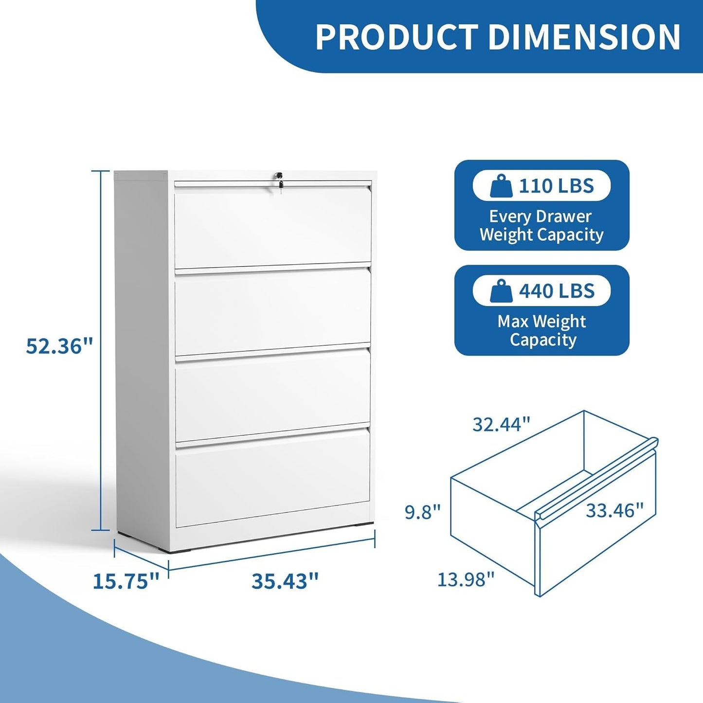 Lateral File Cabinet 4 Drawer, Metal File Cabinets for Home Office Legal/Letter A4 Size, File Cabinet with 4 Lock, Require Assembly, White