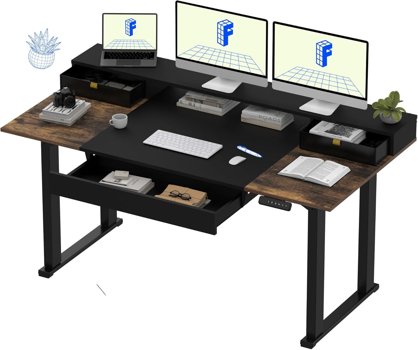 FLEXISPOT 4-Leg Standing Desk with Storage 71x32 in Electric Adjustable Height with 3 Drawers & Shelving Home Office Workstation (Black + Special Walnut Top)