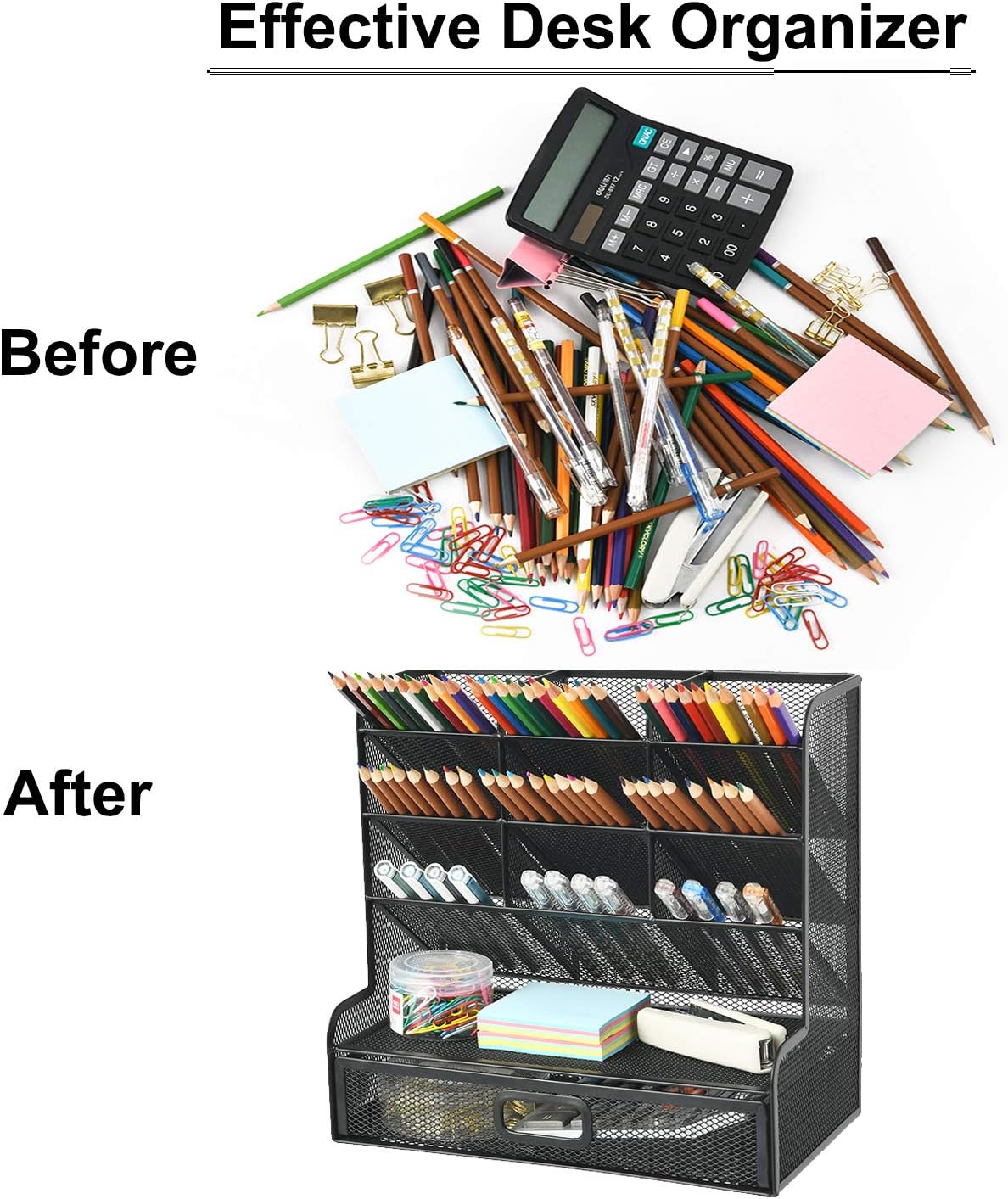 Marbrasse Mesh Pen Holder for Desk, Multi-Functional Pencil Organizer with Drawer, Desk Organizers and Accessories for Office Art Supplies (Large Black)