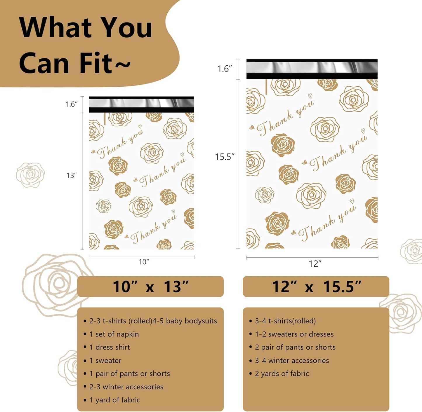 Thank You Poly Mailers 10x13 Inch 100 Pcs - Gold Rose Printed Shipping Bags for Clothing - Waterproof and Tear Resistant Mailing Envelopes - Self-Sealing Packaging Bags for Small Business