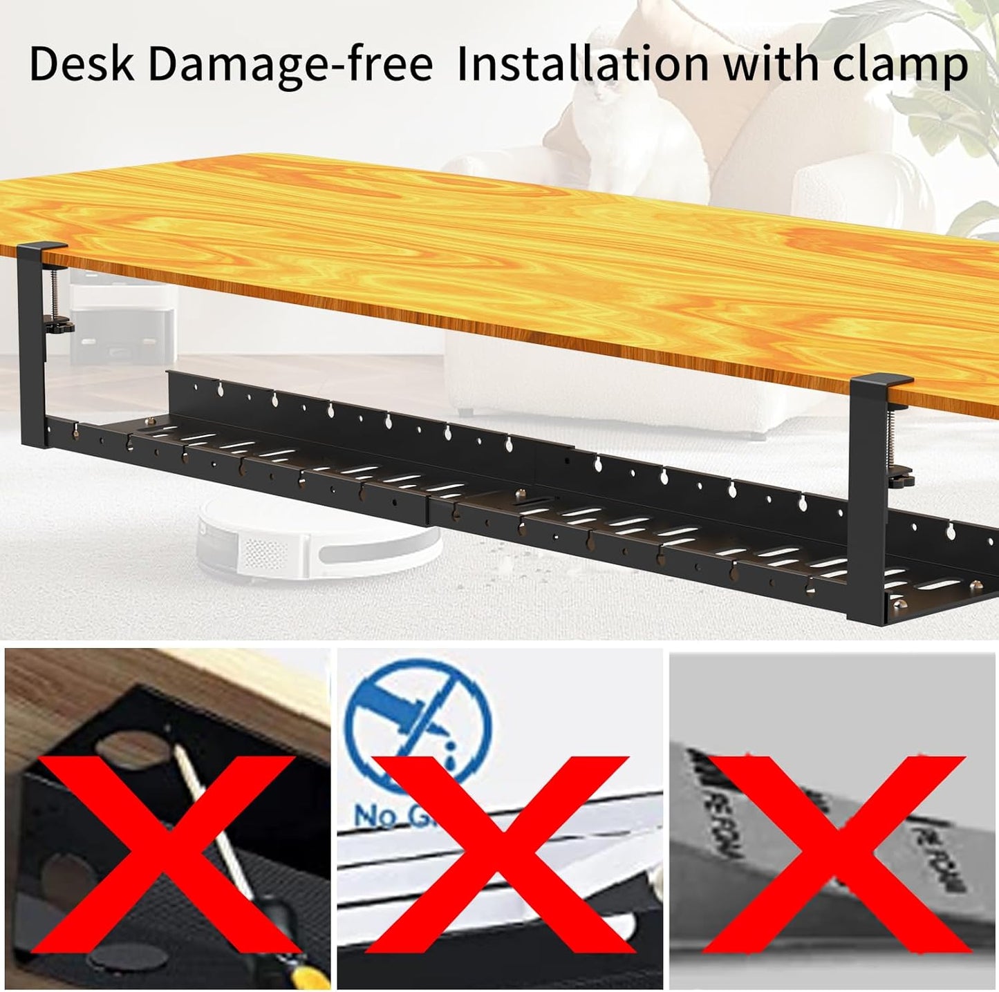 WIGAKDRU 31Inch Extendable Under Desk Cable Management Tray, Black Metal Cable Management Tray Under Desk Cord Management with Clamp, 31 Inch x 4.33 Inch