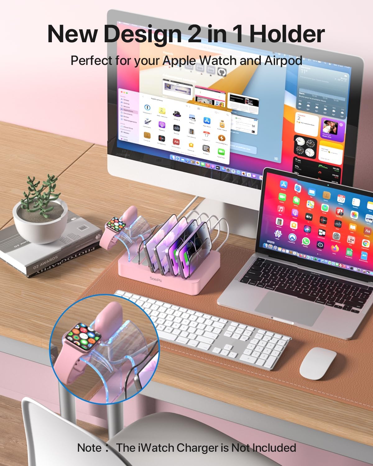 SooPii Premium 6-Port USB Charging Station Organizer for Multiple Devices, 6 Short Charging Cables and One Upgraded i-Watch Charger Holder Included, for Phones,Tablets and Other Electronics, Pink