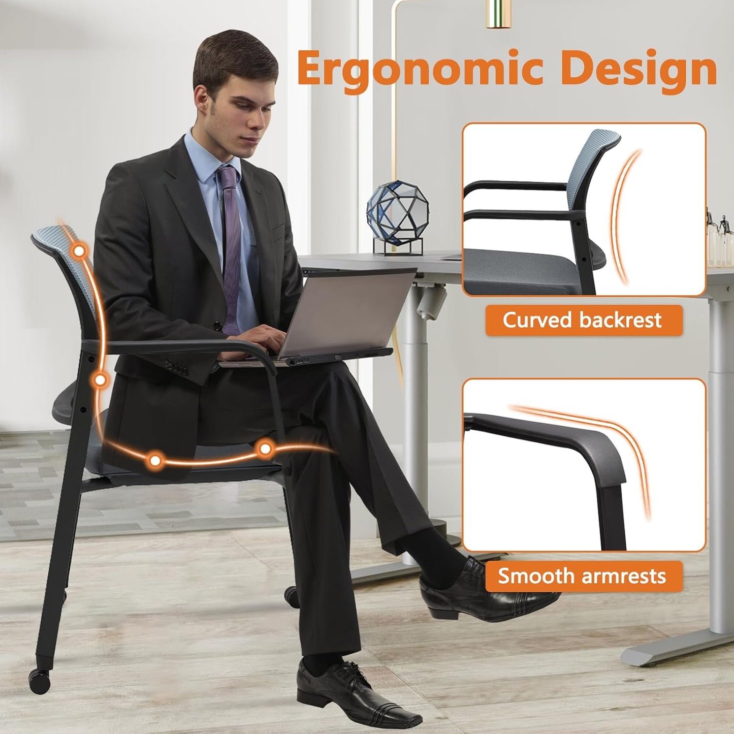 CLATINA Mesh Back Stacking Arm Chairs with Upholstered Fabric Seat and Ergonomic Lumbar Support for Office School Church Guest Reception (WithWheels Gray- 4 Pack)