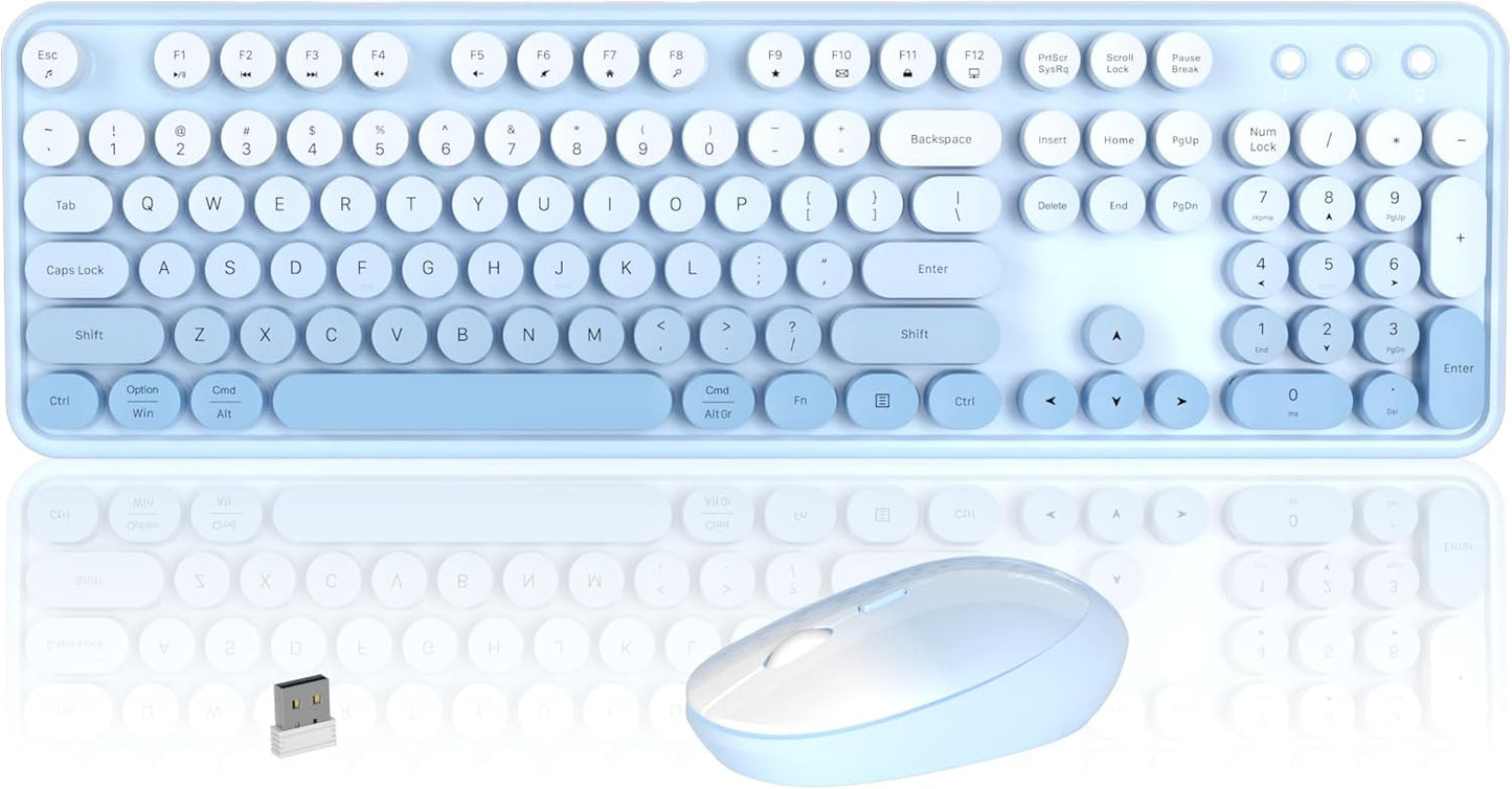 Colorful Wireless Keyboard and Mouse Combo, COVEVA 2.4GHz Wireless Retro Cute Round Keycaps Keyboard, 104 Keys Full-Sized Keyboard Mouse Set with Switch Button for PC Laptop Desktop (Blue Gradient)