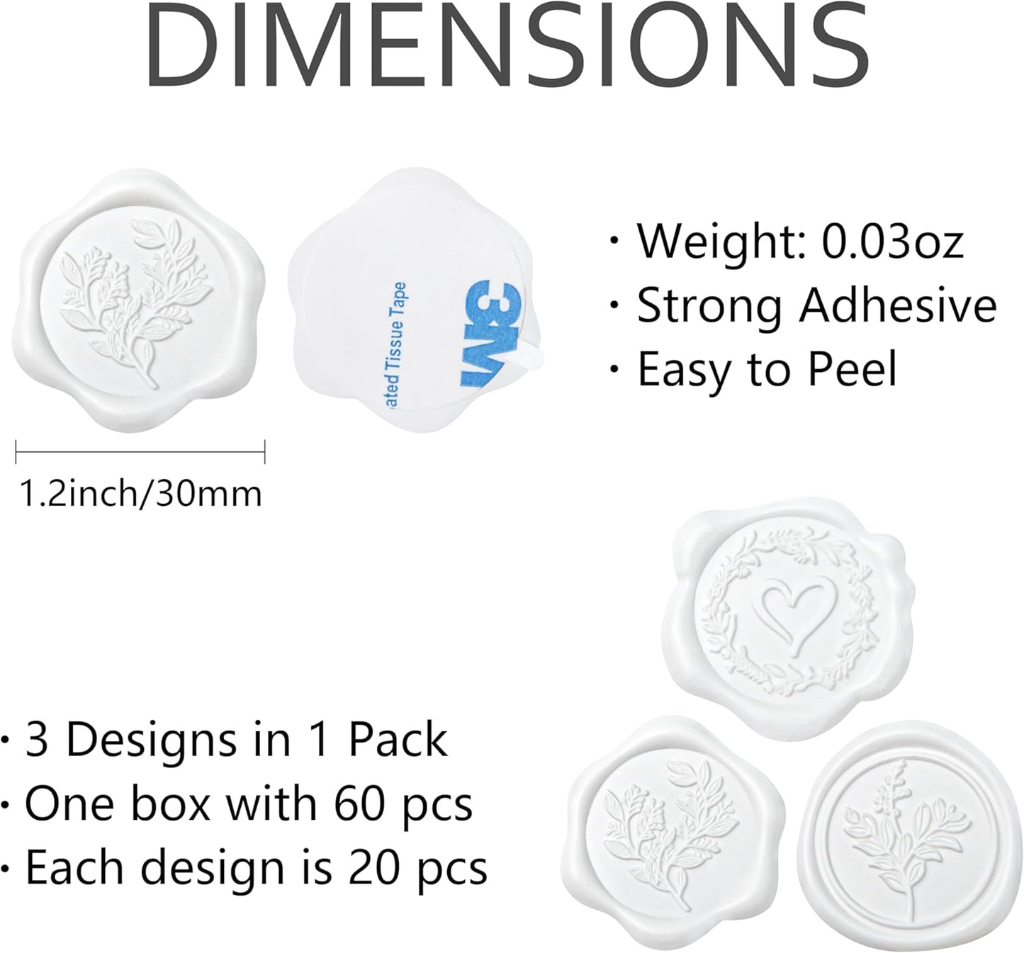 60 Pcs White Wax Seal Stickers Self-Adhesive Envelope Seals Stamp Stickers, Perfect for Wedding Invitations Seating Chart Christmas Gift Wrapping 3 Designs in 1 Pack