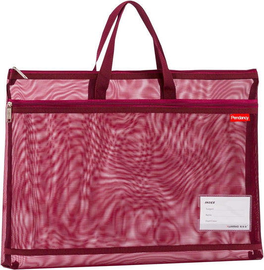 Pendancy Mesh Zipper Pouch A4 Size, Large Double Pocket Lightweight Nylon Transparent File Bag with Handle, 11x13.8 in Foldable Document Storage for Puzzle Project/Cross Stitch/Travel/Office (Red)