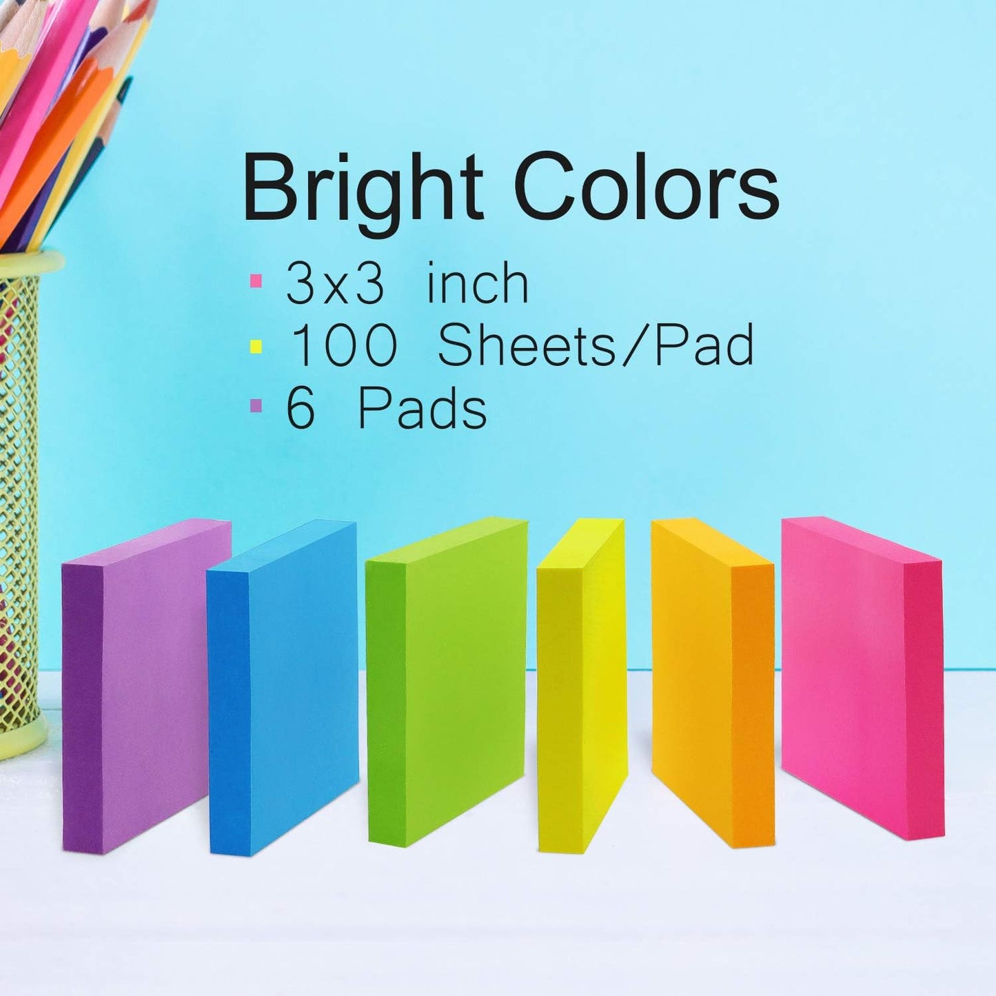Sticky Notes 3x3 Self-Stick Notes Pads with 6 Bright Colors, Easy to Post for Office, School, Home, 6 Pads/Pack, 100 Sheets/Pad(Standard)