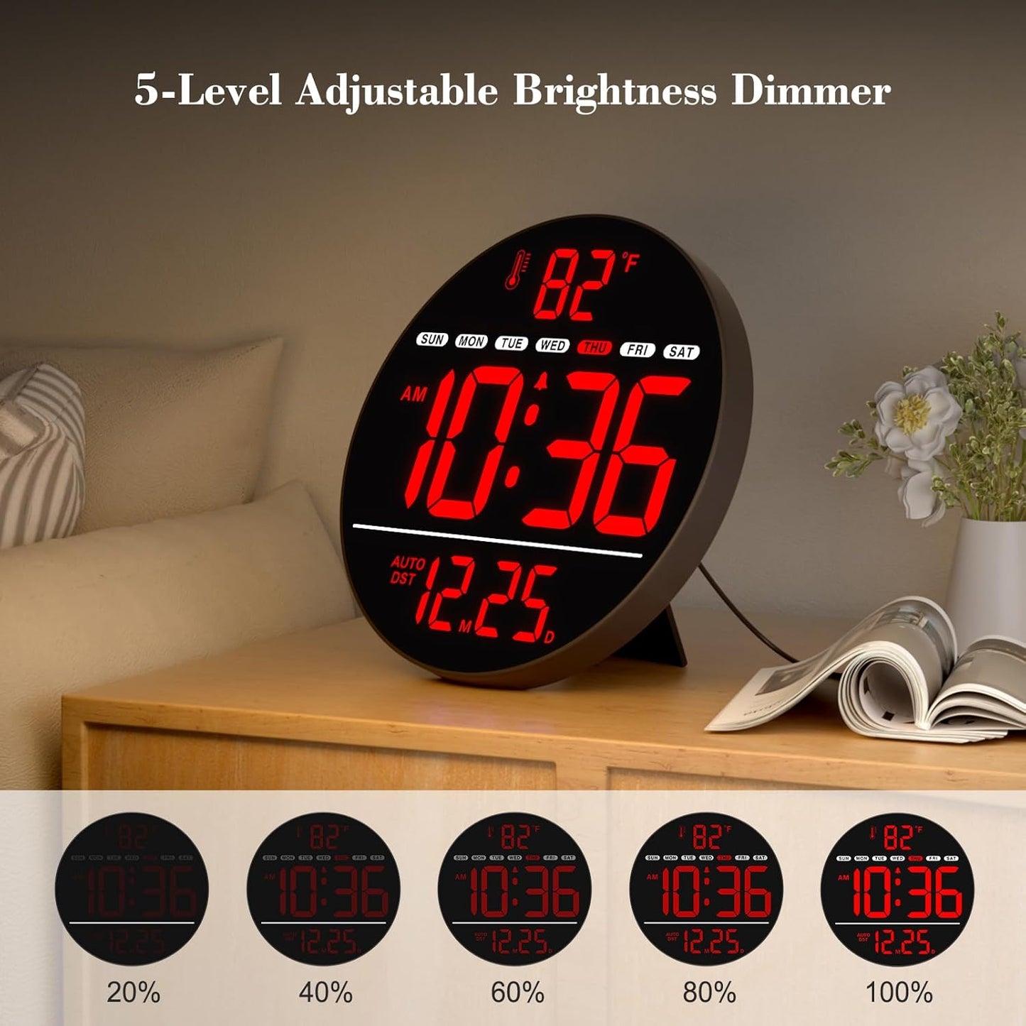 WallarGe Large Digital Wall Clock with LED Display, Electric Wall Clock with Temperature, Auto DST, Date, and Day, 5-Level Brightness for Office, Bedroom, Living Room, Classroom Décor
