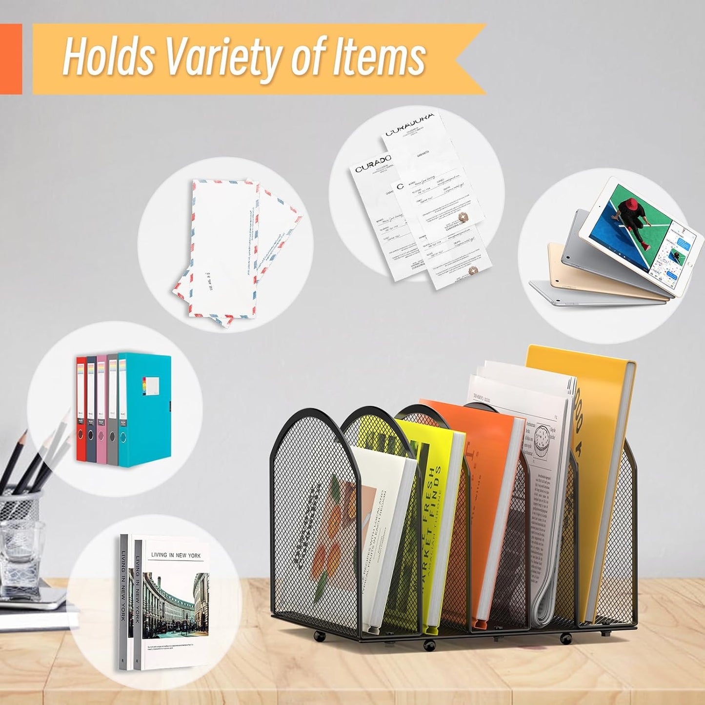 5-Section Desk File Organizer, Vertical Desktop File Holder Mail Sorter File Folder Holder Organization for Office School & Classroom (Black - 1Pack)