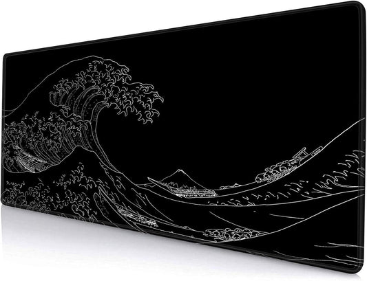 Large Mouse Pad Gaming, Extended Mousepad with Stitched Edges, Non-Slip Rubber Base Keyboard Desk Mat Mouse Pads for Work, Game, Office, Home, 31.5 x 11.8 in, Black Wave of Kanagawa